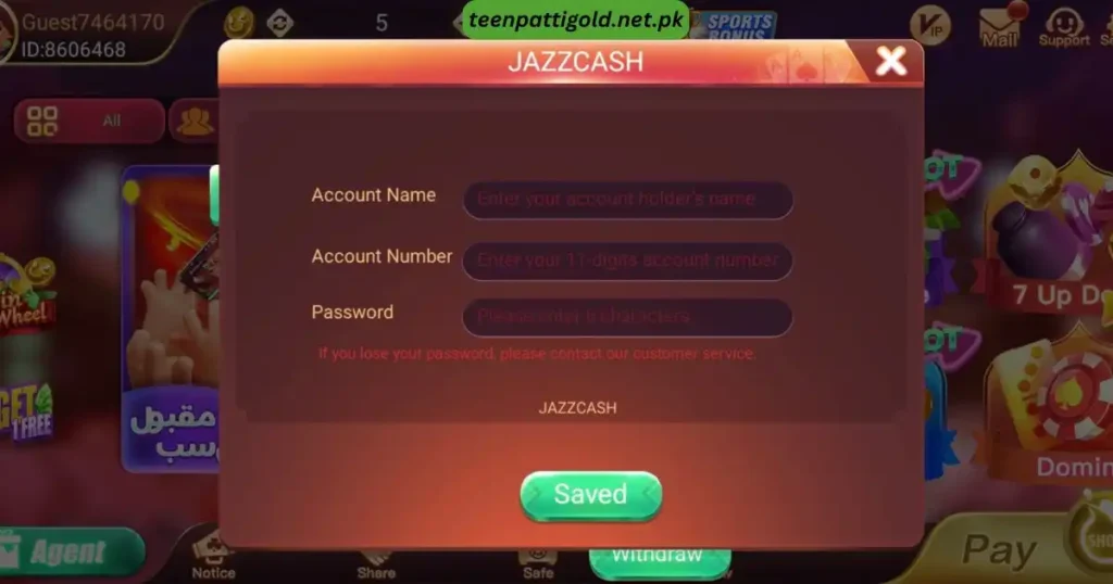 Teen Patti Gold APK Pakistan v1.656 Free Download for Android 13 Teen Patti Gold withdrawal wallet binding screen with account name, number, and password fields.