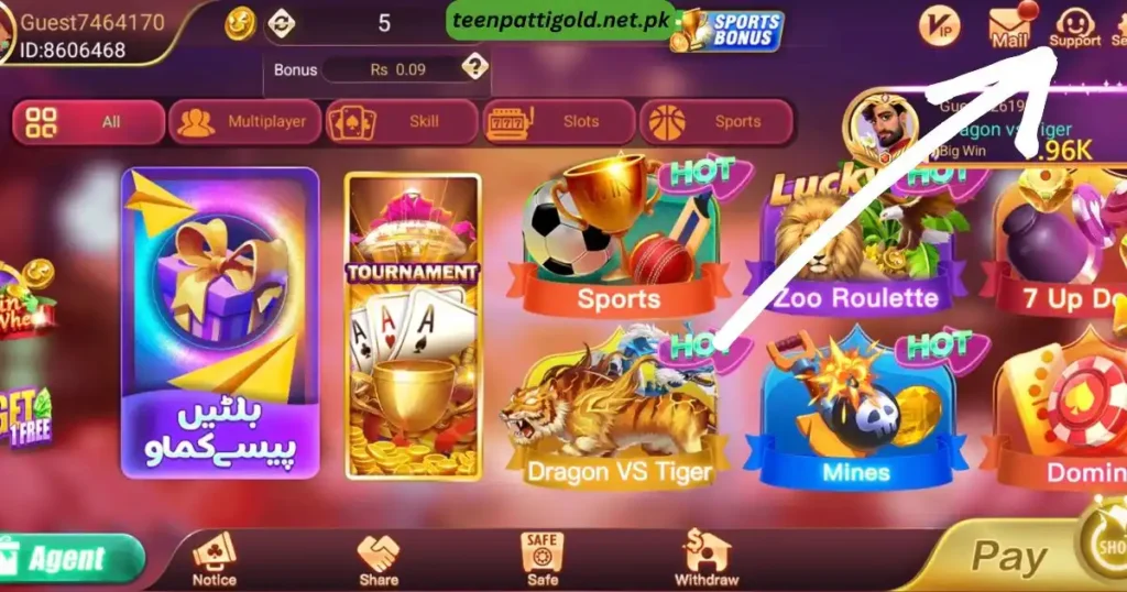 Teen Patti Gold APK Pakistan v1.656 Free Download for Android 15 Teen Patti Gold game lobby with an arrow pointing to the customer support team icon.