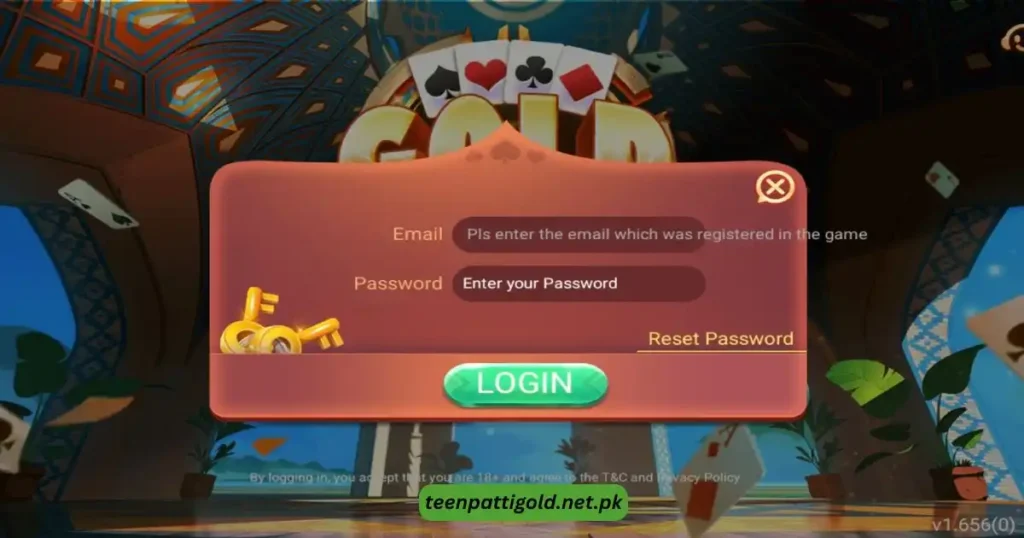 Teen Patti Gold APK Pakistan v1.656 Free Download for Android 14 Teen Patti Gold login screen with email and password fields.