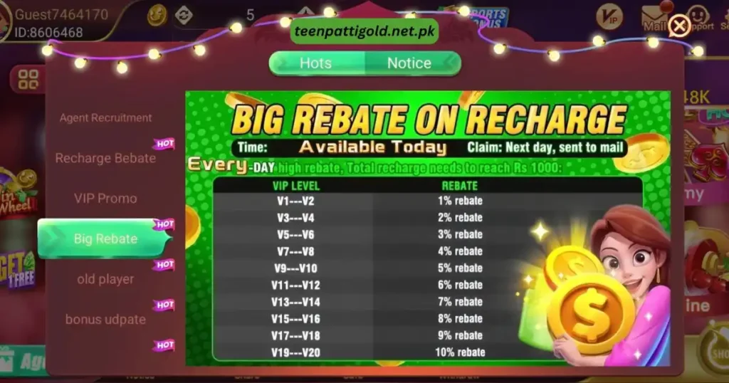 Teen Patti Gold APK Pakistan v1.656 Free Download for Android 6 Promotional table for Big Rebate on Recharge, listing VIP tiers and rebate percentages.