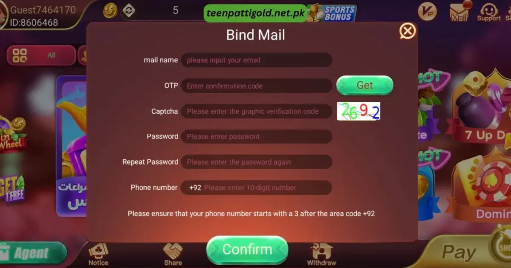 Teen Patti Gold APK Pakistan v1.656 Free Download for Android 4 Teen Patti Gold Bind Mail form with fields for email, OTP, captcha, password, and phone number.