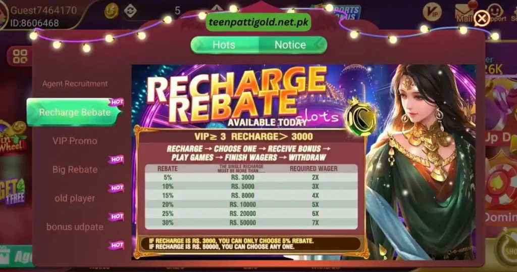 Teen Patti Gold APK Pakistan v1.656 Free Download for Android 5 Recharge Rebate table showing rebate tiers from 5% to 30% based on recharge amount and wager requirements