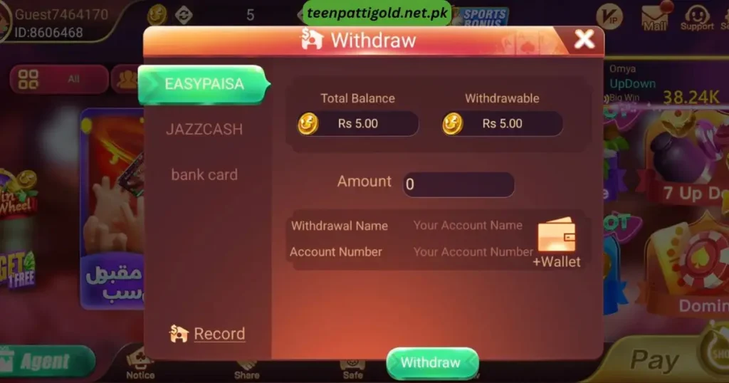 Teen Patti Gold APK Pakistan v1.656 Free Download for Android 12 Teen Patti Gold Withdraw screen with payout options (Easypaisa, JazzCash, bank card) and account detail fields.