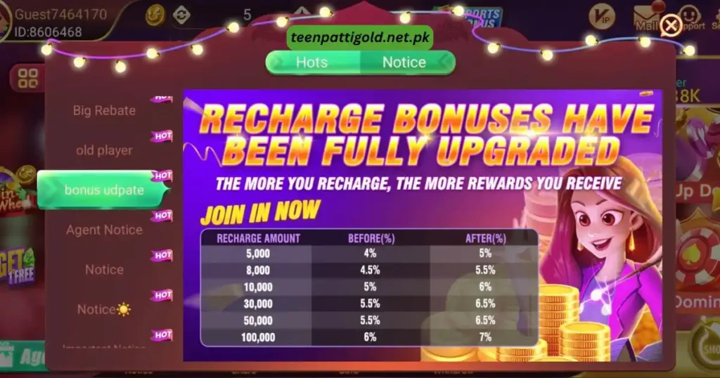Teen Patti Gold APK Pakistan v1.656 Free Download for Android 7 Bonus upgrade table showing increased recharge bonus percentages across tiers from 5,000 to 100,000.